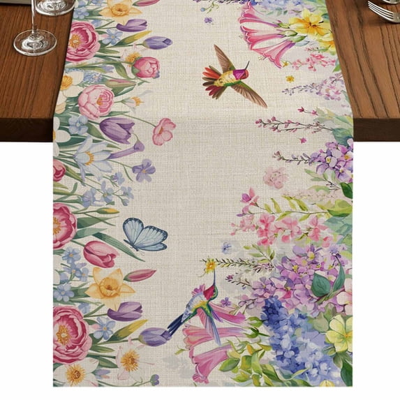 Table Runners 90 Inches Long Dress Scarves, Watercolor Flowers Farmhouse Coffee/Dining/Kitchen Table Runner for Living Room, Spring Hummingbird Butterflly Floral Beige 13x90 Inch