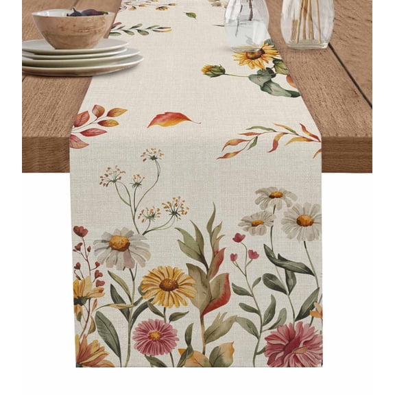 Table Runners 90 Inches Long Dress Scarves, White Wildflowers Farmhouse Coffee/Dining/Kitchen Table Runner for Living Room, Vintage Floral Daisy Autumn Plants 13x90 Inch