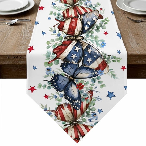 Table Runners 90 Inches Long, Navy Blue Butterfly 4th of July Cotton Linen Kitchen Dining Coffee Table Runner for Party Home Decor, Independence Day Star Tabletop Dresser Scarves Runner 13x90 Inch