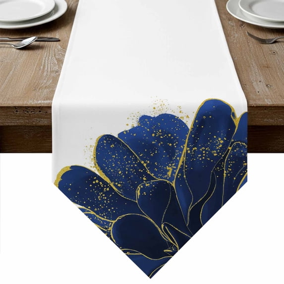 Table Runners 90 Inches Long, Navy Blue Gold Cotton Linen Kitchen Dining Coffee Table Runner for Party Home Decor, Abstract Line Art Troditional Ink Painting Tabletop Dresser Scarves 13x90 Inch