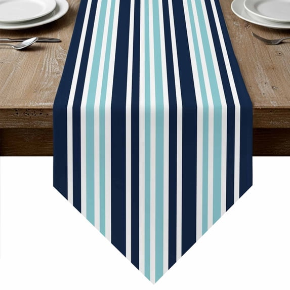 Table Runners 90 Inches Long, Navy Blue Turquoise Striped Cotton Linen Kitchen Dining Coffee Table Runner for Party Home Decor, Gradient Horizontal Lines Tabletop Dresser Scarves Runner 13x90 Inch