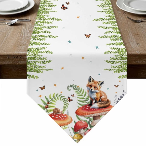 Table Runners 90 Inches Long, Pastoral Mushroom Fox Cotton Linen Kitchen Dining Coffee Table Runner for Party Home Decor, Watercolor Eucalyptus Botanical Tabletop Dresser Scarves Runner 13x90 Inch