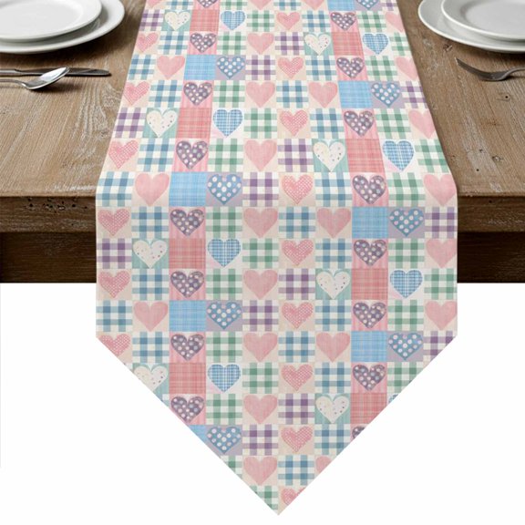 Table Runners 90 Inches Long, Pink Blue Plaid Cotton Linen Kitchen Dining Coffee Table Runner for Party Home Decor, Modern Colorful Checkered Love Heart Tabletop Dresser Scarves Runner 13x90 Inch