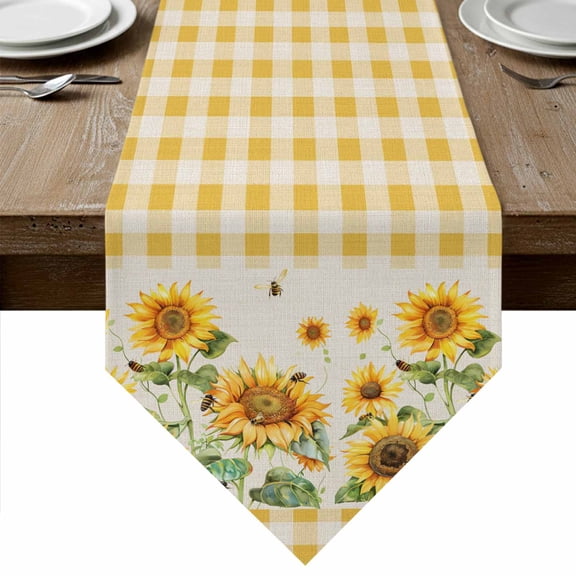 Table Runners 90 Inches Long, Sunflower Cotton Linen Kitchen Dining Coffee Table Runner for Party Home Decor, Retro Buffalo Plaid Yelloe Beige Country Bee Tabletop Dresser Scarves Runner 13x90 Inch