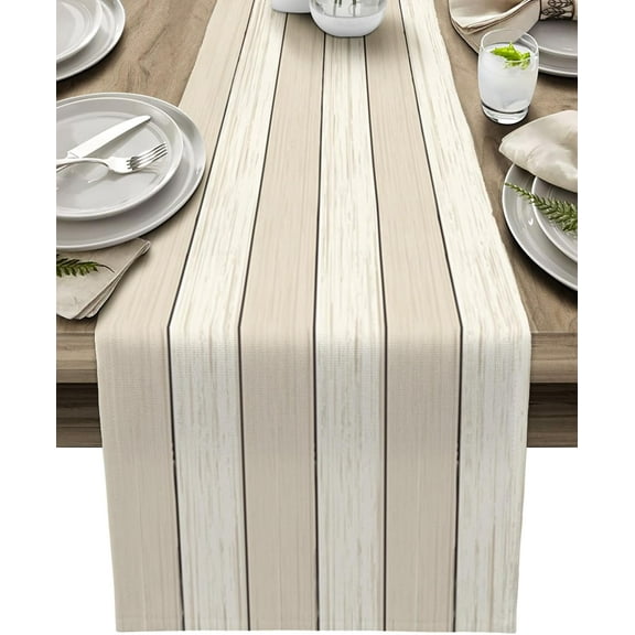 Table Runners Small 13X36 Inches Ivory White Beige,Cotton Linen Farmhouse Retro Rustic Barn Wood Texture Tablecloths Non-Slip Party Table Decorations for Kitchen,Home,Dining,Outdoor,