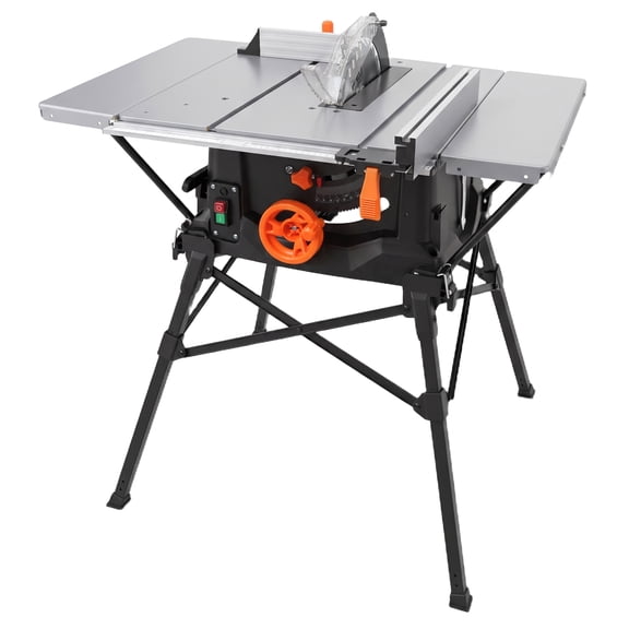 Table Saw 10 Inch, 15 Amp 5000RPM Powerful Tablesaw with Stand & Push Stick 90°Cross Cut & 0-45°Bevel Cut Tabletop Saw, Adjustable Depth, for Woodworking, Metal, Plastic
