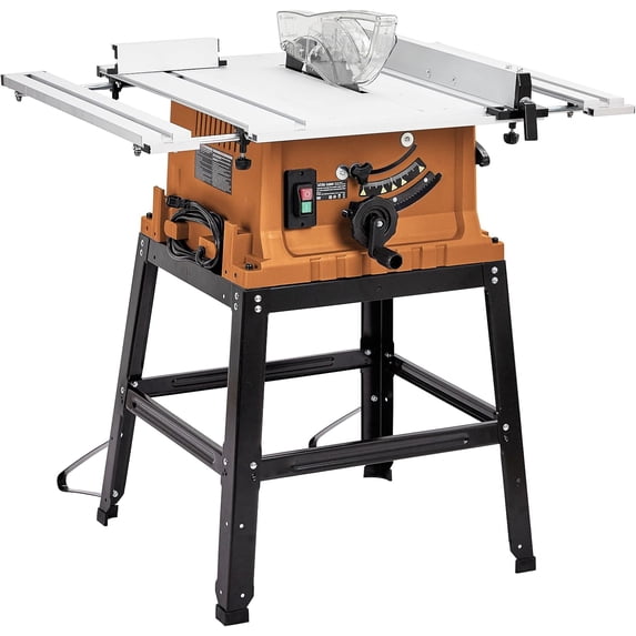 Table Saw, 10 Inch 15A Multifunctional Saw with Stand & Push Stick, 90° Cross Cut & 0-45° Bevel Cut, 5000RPM, Adjustable Blade Height for Woodworking, Orange