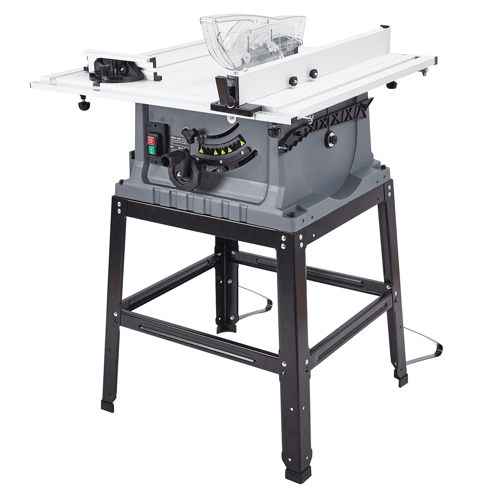 Table Saw, 10 Inch 15A Multifunctional Saw with Stand & Push Stick Cutting Speed Up to 5000RPM, 90° Cross Cut & 0-45° Bevel Cut, Adjustable Blade Height, Ideal for Woodworking