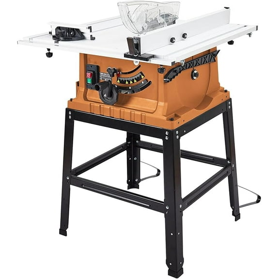 Table Saw, 10 Inch 15A Multifunctional Saw with Stand & Push Stick for Jobside, 90° Cross Cut & 0-45° Bevel Cut, Cutting Speed Up to 5000RPM, Adjustable Blade Height, Ideal for Woodworking, Orange