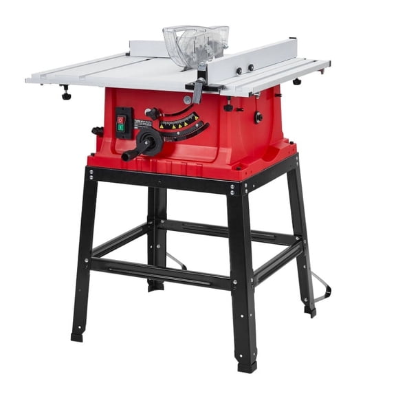 Table Saw, Towallmark 10 Inch 15A Multifunctional Saw with Stand & Push Stick, 90° Cross Cut & 0-45° Bevel Cut, 5000RPM, Adjustable Blade Height for Woodworking