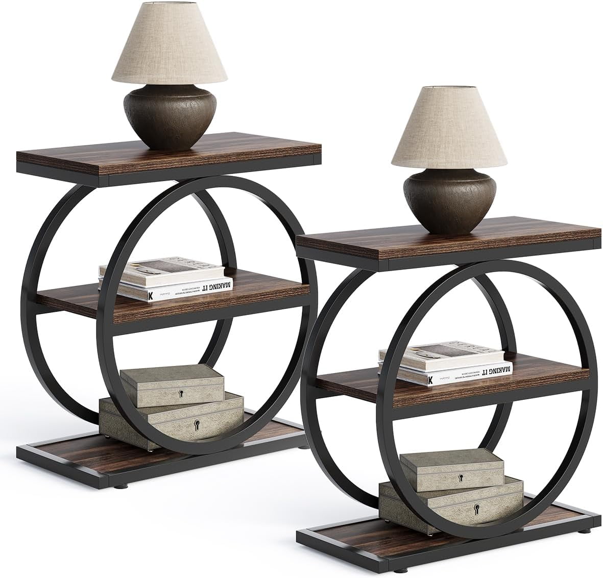 Two Side Tables Table Set 2, Side Table with 3 Tiers Shelves, Slim Sofa Side Table for ...