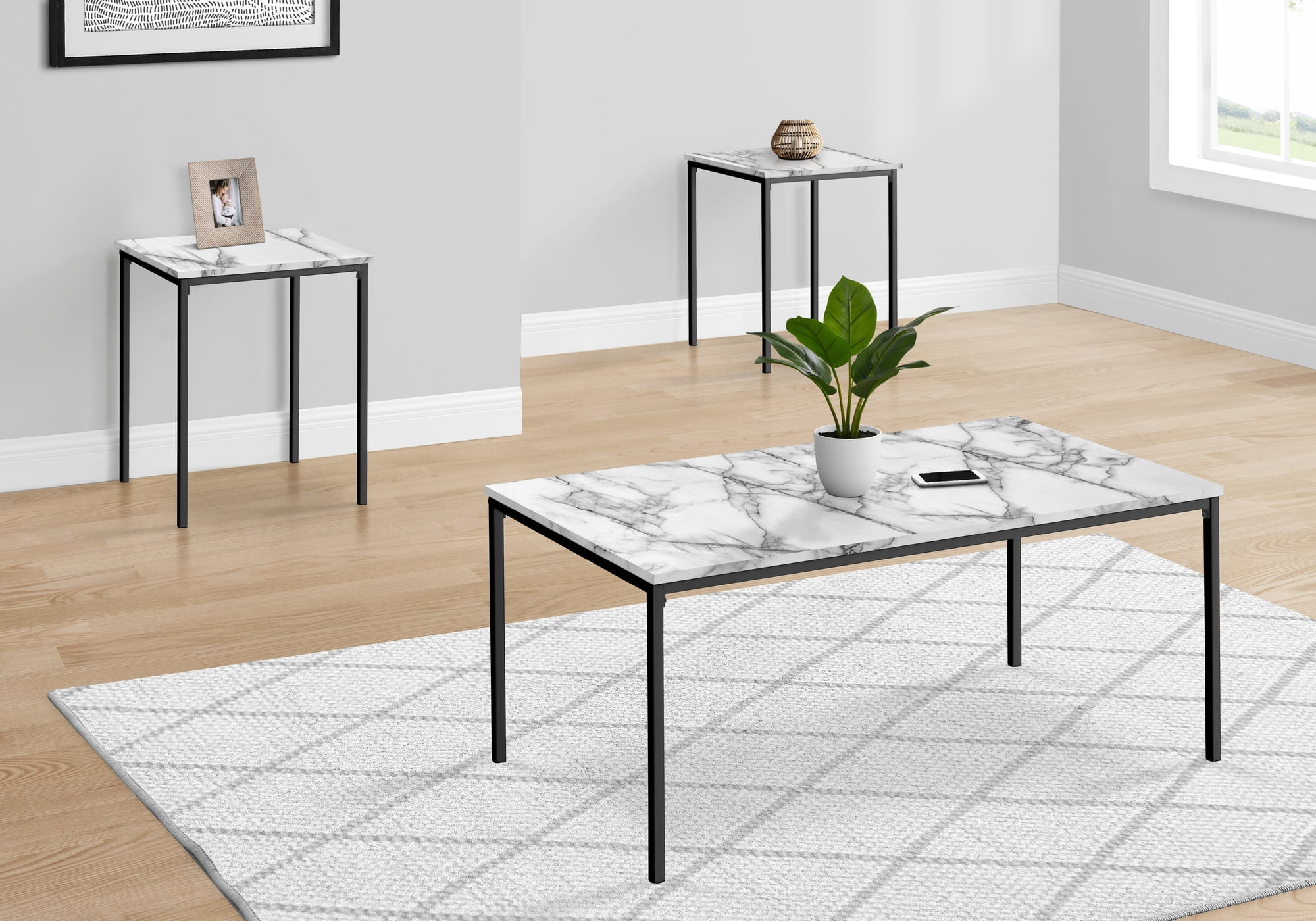 Black Metal and White Marble Look 3-Piece Coffee and End Table Set