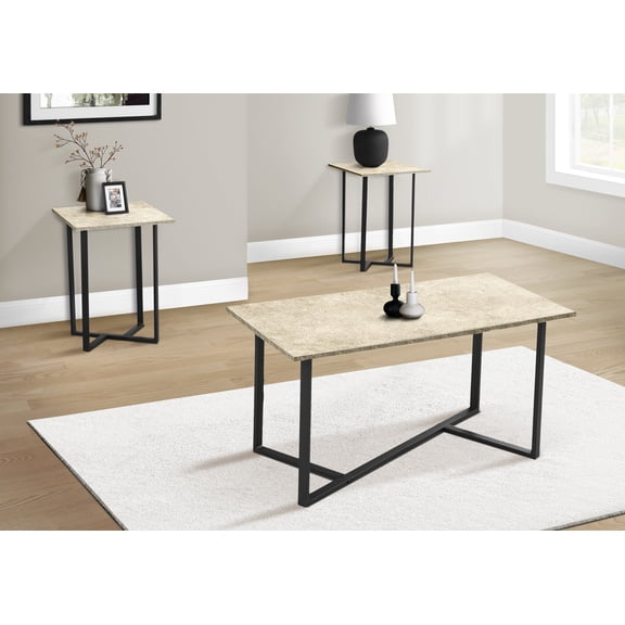 Table Set, 3pcs Set, Coffee, End, Living Room, Cream Stone Laminate, Black Metal, Contemporary, Modern