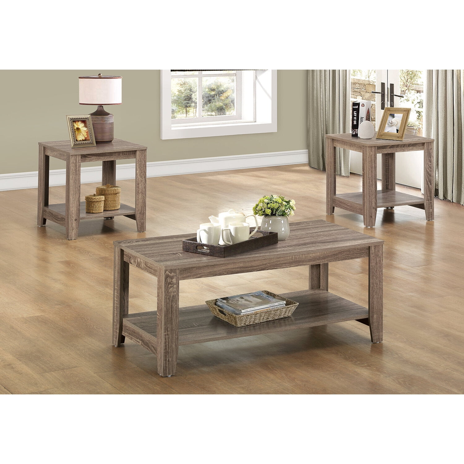 Dark Taupe 3-Piece Coffee and End Table Set with Shelves