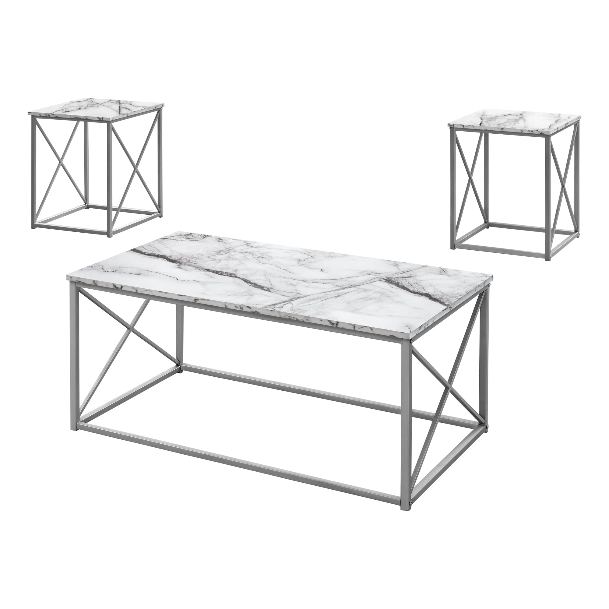 White Marble and Silver Metal 3-Piece Coffee and End Table Set