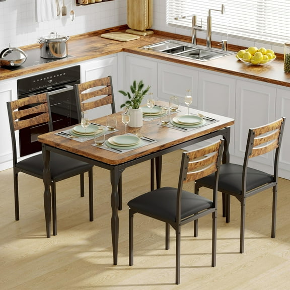 Table Set, 5 Piece Industrial Farmhouse Dining Set for 4, Space Saving Rectangular Table Chairs with Sturdy Metal Frame, Scratch Resistant, Perfect for Apartments, Small Kitchens, Compact Homes