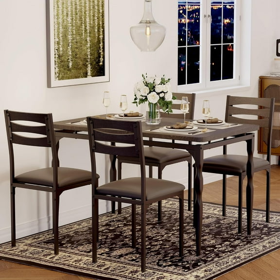 Table Set, 5 Piece Industrial Farmhouse Dining Set for 4, Space Saving Rectangular Table Chairs with Sturdy Metal Frame, Scratch Resistant, Perfect for Apartments, Small Kitchens, Compact Homes