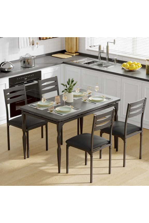 Table Set, 5 Piece Industrial Farmhouse Dining Set for 4, Space Saving Rectangular Table Chairs with Sturdy Metal Frame, Scratch Resistant, Perfect for Apartments, Small Kitchens, Compact Homes