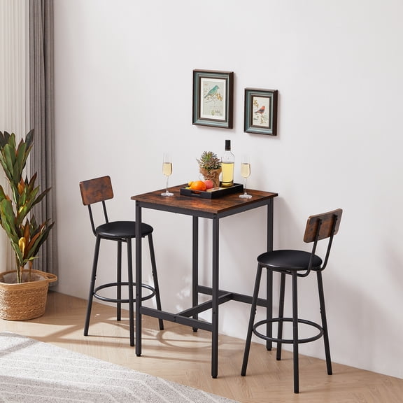 Table Set With 2 Stools Pu Soft Seat With Backrest, Rustic Brown, 23.62" W X 23.62" D X 35.43" H