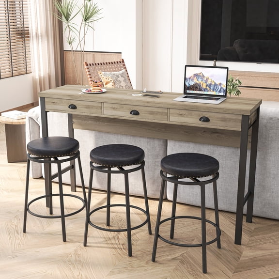 Table Set with 3 Drawers and Circular PU Stools / Sturdy & Stylish for Dining Space