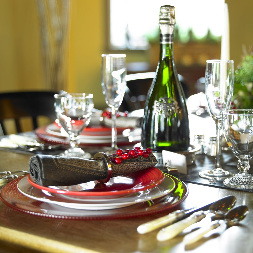 Table Setting With Red And White Plates Red Berries On Napkin Ring And Champagne Bottle Victoria Bc Canvas Art - Works Photography Design Pics (24 x 24)
