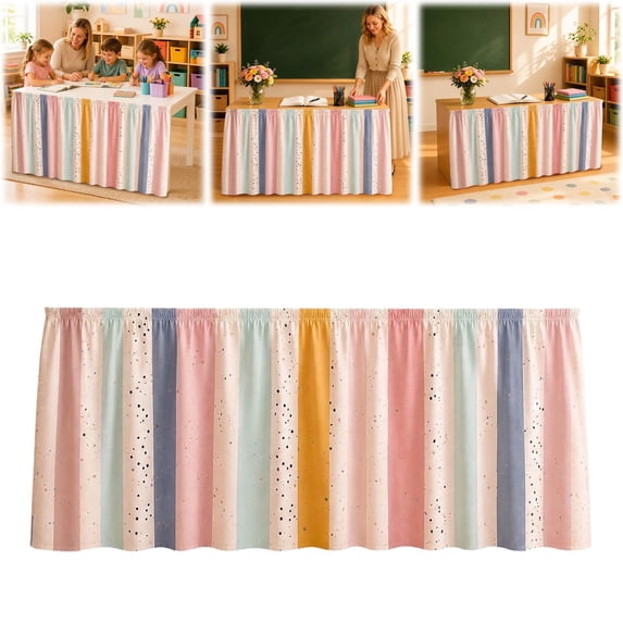 Table Skirt,Gathered Rectangular Desk Skirts with Hook and Loop,Reusable Wrinkle‑Resistant Desk Skirting,Removable Beige Pleated Ruffle Table Cloth,70.8x29.5 Inch Table Drape for Home Use