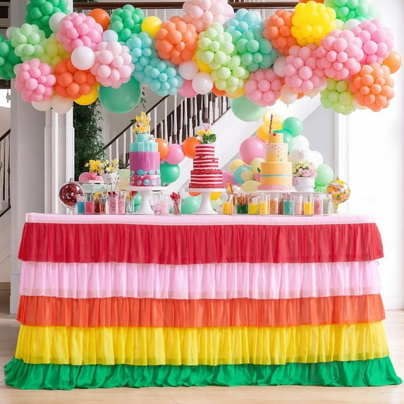 Table Skirt for Rectangle And Round Table Multi-layer Ruffle Reusable Gradient Rainbow Color Beach Parties Ceremony Birthday Party Decoration Table Skirt