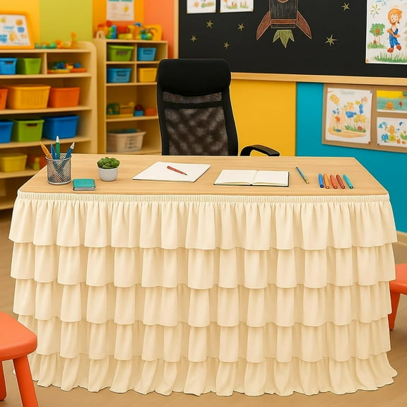 Table Skirt Tutu Ruffled Tablecloth for Classroom Teacher Desk Skirt Back to School Supplies for Princess Girls Birthday Party Cake Dessert Decorations