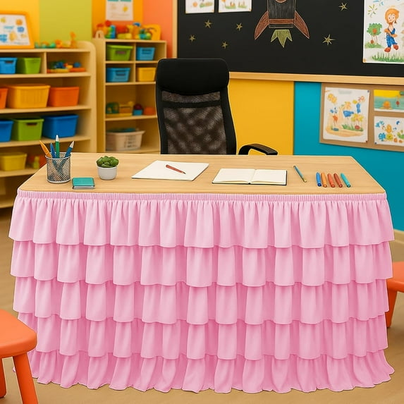 Table Skirt Tutu Ruffled Tablecloth for Classroom Teacher Desk Skirt Back to School Supplies for Princess Girls Birthday Party Cake Dessert Decorations