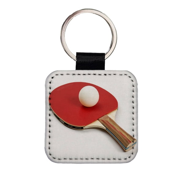 Table Tennis Ping Pong Paddle and Ball Faux Leather Square Keychain