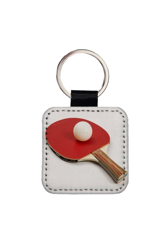 Table Tennis Ping Pong Paddle and Ball Faux Leather Square Keychain