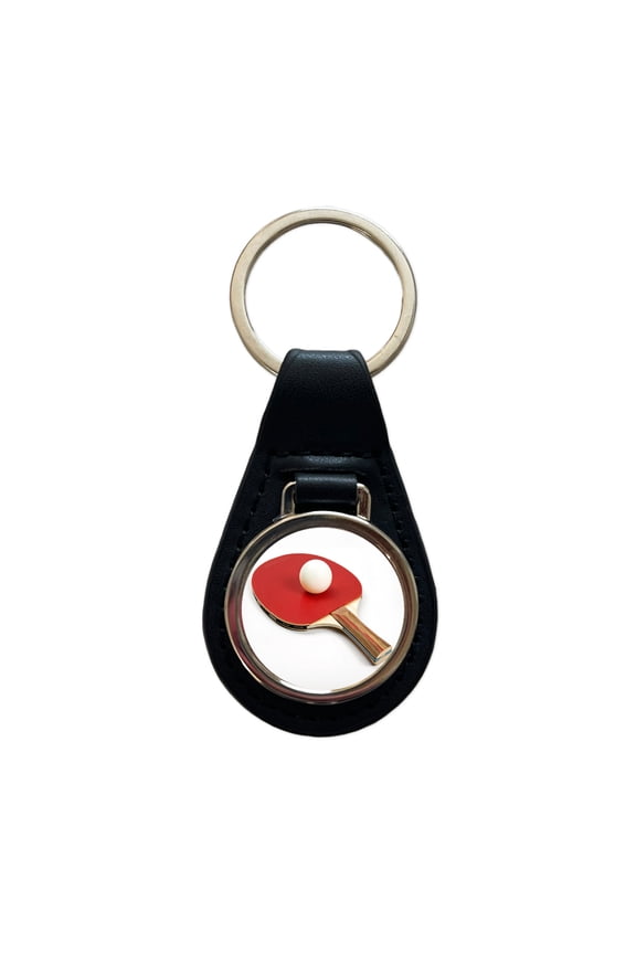 Table Tennis Ping Pong Paddle and Ball Metal Black Leather Keychain