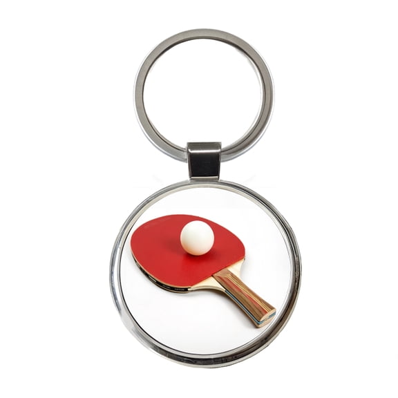 Table Tennis Ping Pong Paddle and Ball Metal Round Keychain