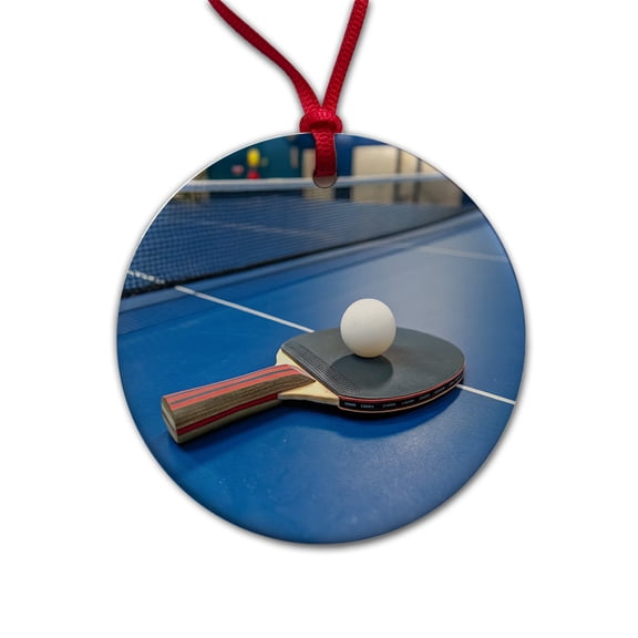 Table Tennis Ping Pong Paddle and Ball on Table Christmas Tree Holiday Round Ceramic Ornament