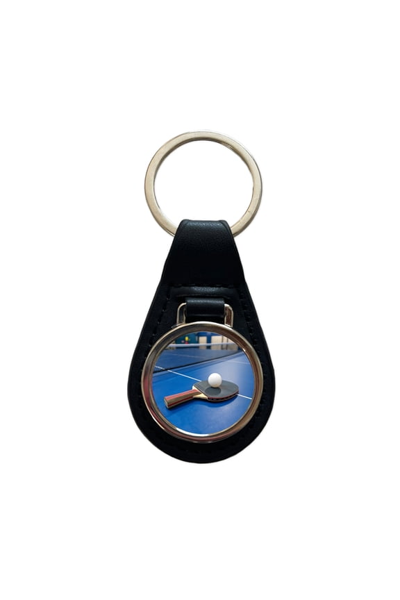 Table Tennis Ping Pong Paddle and Ball on Table Metal Black Leather Keychain