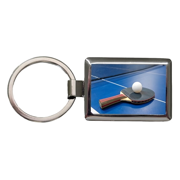 Table Tennis Ping Pong Paddle and Ball on Table Metal Rectangle Keychain