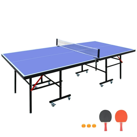 Table Tennis Table 8ft Mid-Size Table Tennis Table Foldable & Portable Ping Pong Table Set for Indoor Games with Net, 2 Table Tennis Paddles and 3 Balls,Indoor Ping Pong Table
