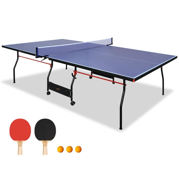 Table Tennis Table DOUBLE FISH [Folding Table Tennis]9 Ft Folding Regulation Table Tennis Table - 2 Paddles, 2 Balls, 1 Net And Post Set, BLUE, Fold-Up Design, 4 Wheels For Easy Movement,Ping Pong Ta
