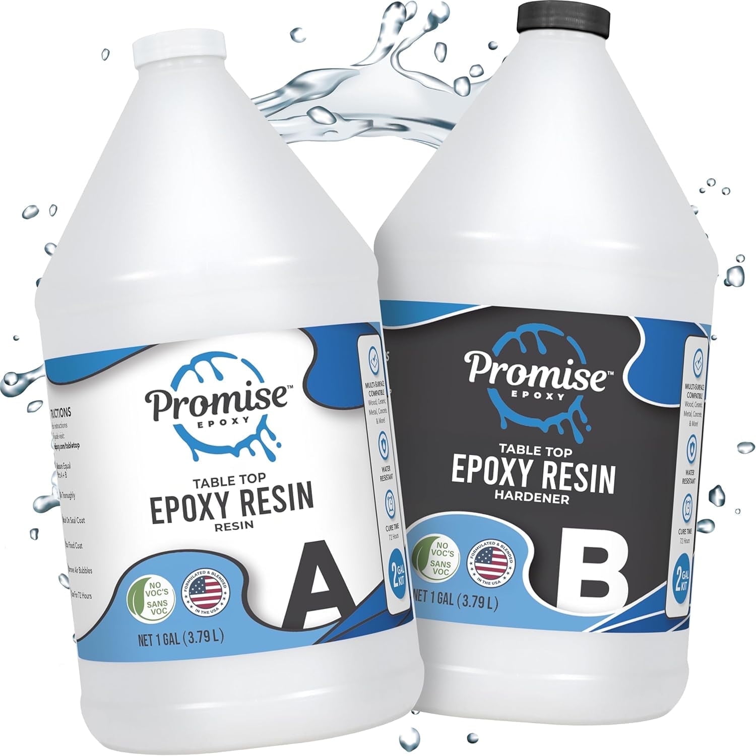 Promise Epoxy Epoxy Resin Kit 2 Gal-Crystal Clear, UV Resistant, Self Leveling, Food Safe for Table Top, Wood Casting, Use with Mica Powder