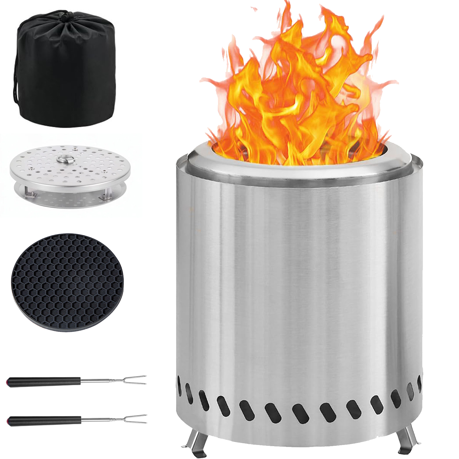 HOOFUN Table Top Firepit 7 Inch,Stainless Steel Smokeless- Portable Camping Stove with Wind Shield, Fireproof Mat & BBQ Forks for Outdoor Patio, Backyard, Emergency Use