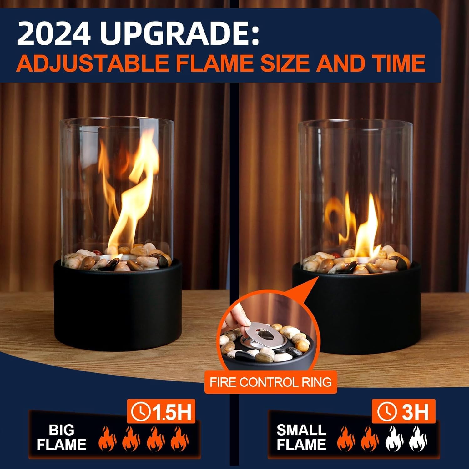 Table Top Firepit with Rocks - Indoor Fire Pit Tabletop with Flame Ring - Smokeless Fire Pit with Mat for Home Decor, Portable Indoor Fire Pit House Warming Gifts New Home (Circle-Black)