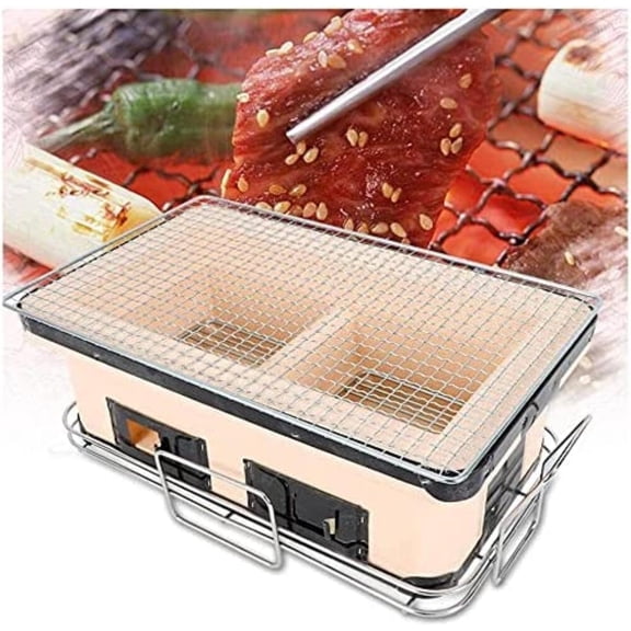 Table Top Japanese Yakiniku Yakitori Charcoal Grill, Traditional Earthware Barbecue Cooker Stove with Wire Mesh Grill for Backyard Outdoor Cooking