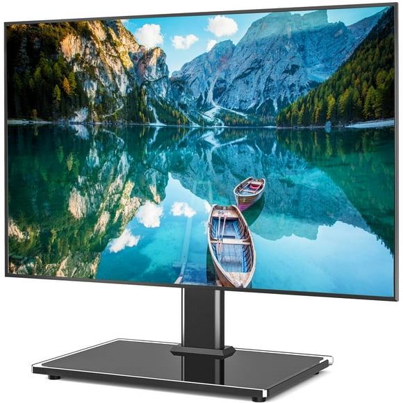 Table Top TV Stand Replacement for 27-60 Inch TVs, Adjustable Height TV Base with Reinforced Steel Legs, Tempered Glass Desktop Stand, VESA 400x400, Black
