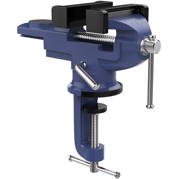Table Vise 3 Inch, 360° Swivel Base Universal Home Vise Portable Bench Clamp, Clamp-on Vise Bench Clamps Fixed Tool for Woodworking, Metalworking, Cutting Conduit, Drilling, Sawing, Blue