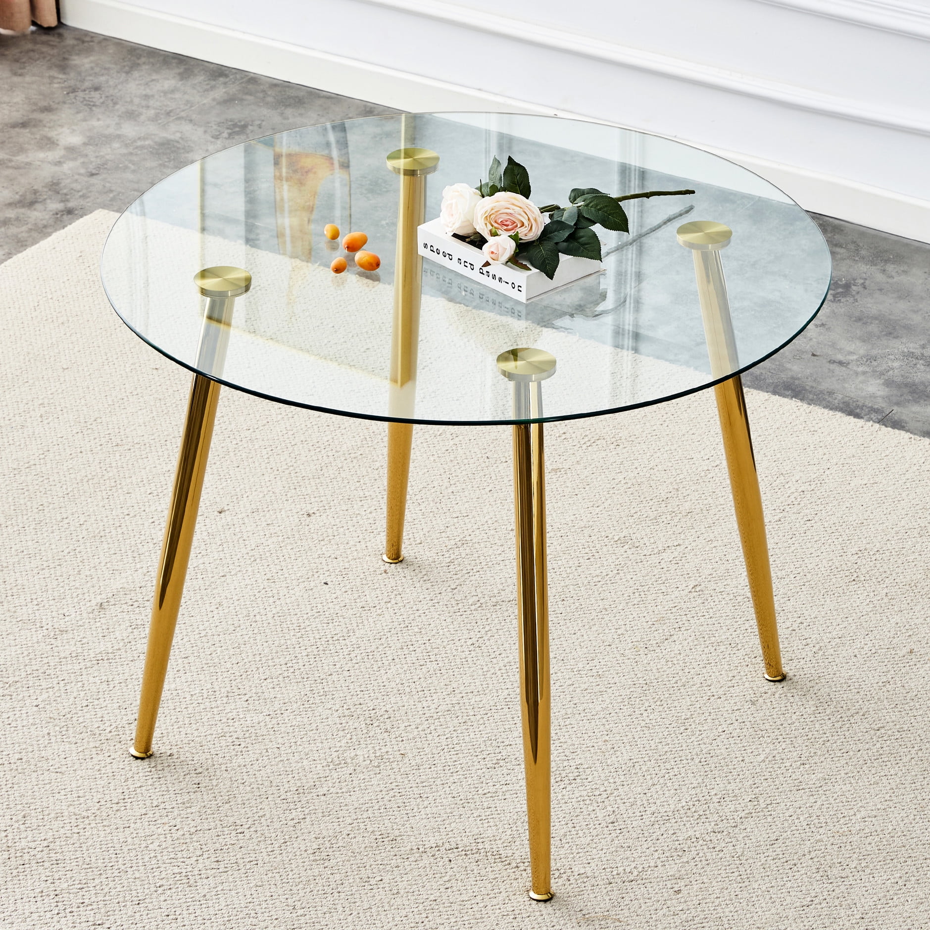 Table With 40 Inch Glass Top And Gold- Metal Legs, Accommodates 4-6 ...