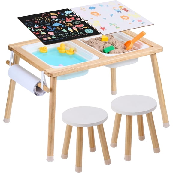 Table and Chairs Set, Toddlers Activity Table with 2 Stools, 2 Storage Bins & Paper Roll Holder, Indoor/Outdoor Play Sand and Water Table