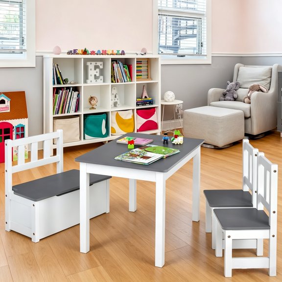 Table and Set Table and 2 with Storage Bench, 4-Piece Wooden Activity Table Gray