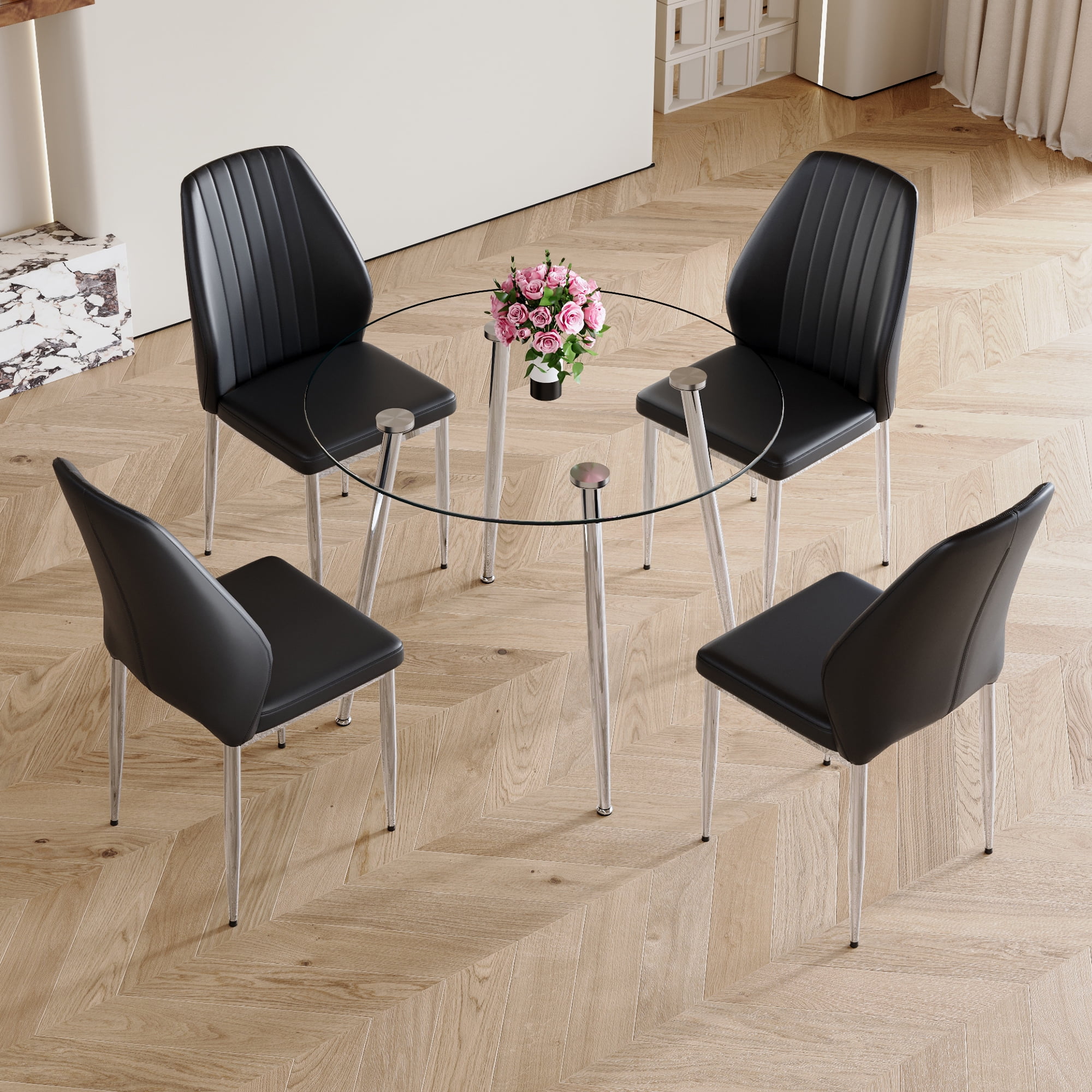 Table and chair set.(1 table+4 black chairs) Round dining table with ...