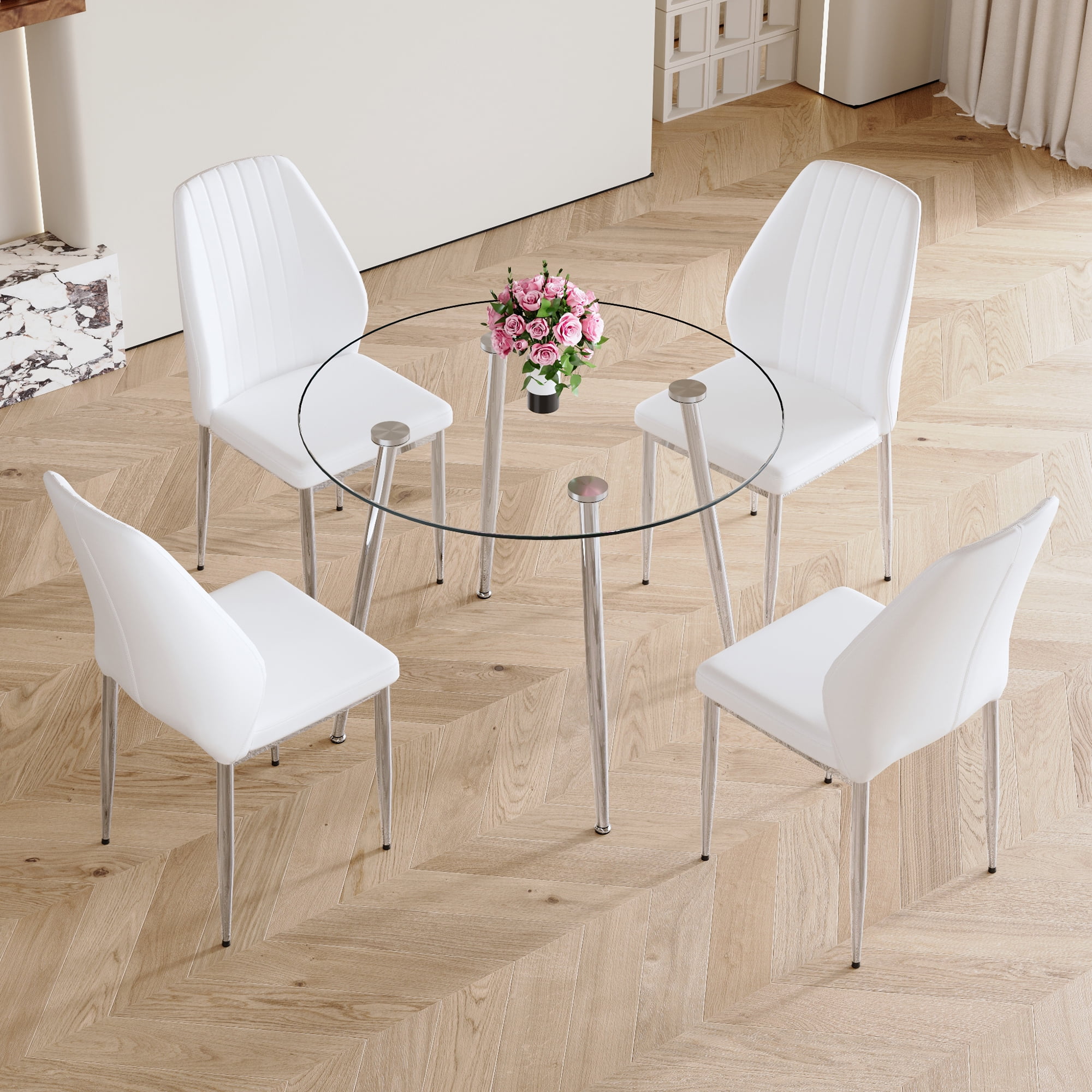 Table and chair set.(1 table+4 white chairs) Round dining table with ...