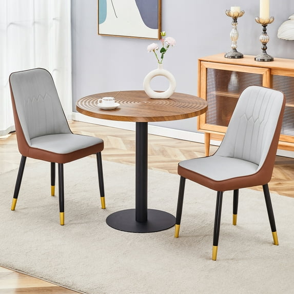 Table and chair set.31.5 Inch Dark Wood Grain Round Dining Table - Suction Molding Annular Texture.Paired with 2 Brown and Light Gray Spliced Color PU Dining Chairs.